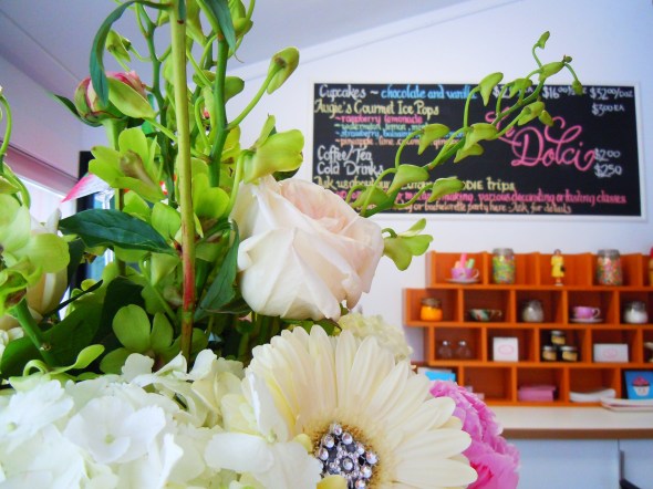 Flowers and cupcakes at Le Dolci on Dundas Street West in Toronto.